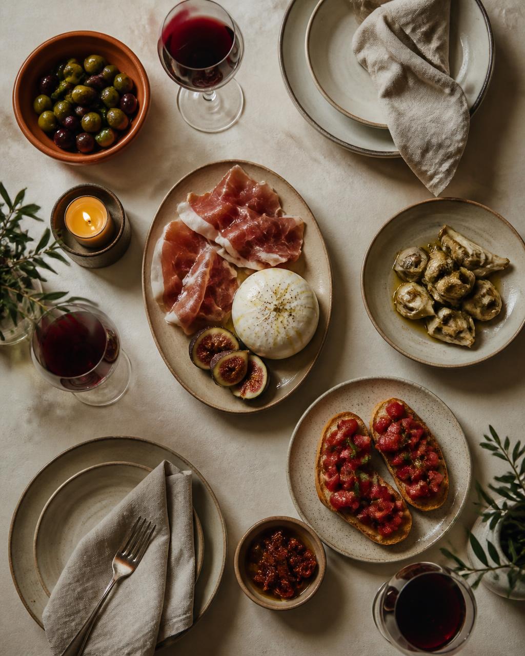 Overhead flat-lay of Italian antipasti, wine and a lit candle on a set table